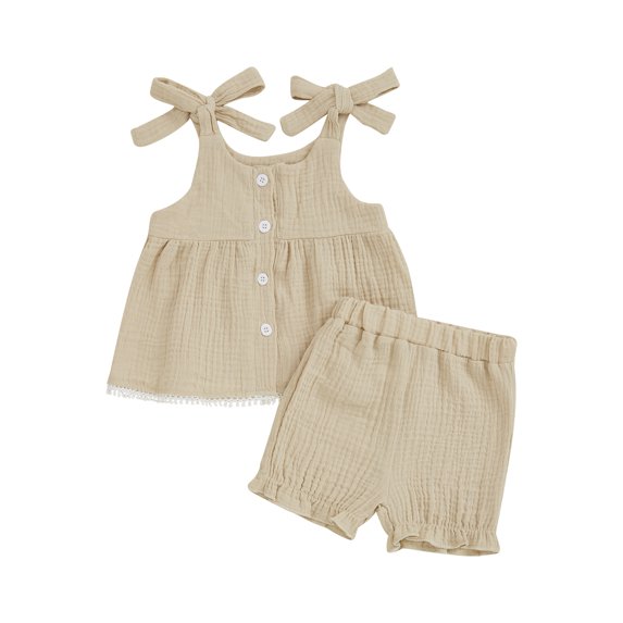 Baby Toddler Girls Summer Outfits 6 12 18 24 Months 2T 3T Solid Colors Tie up Strap Sleeveless Button Camisole and Ruffled Shorts Set Cute Clothes