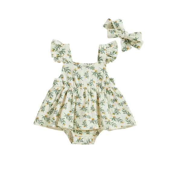 Baby Toddler Girls Summer Romper Dress 3 6 12 18 Months Flying Sleeve Floral Print Sweet Romper with Headband