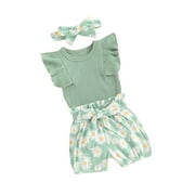 SPEWAHOR Baby Toddler Girls Summer Shorts Outfits 0 3 6 9 12 18 Months Short Sleeve Ribbed Romper Daisy Print Shorts Headband Clothing Sets