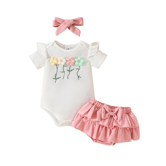 Baby Toddler Girls Summer Shorts Outfits 3 6 12 18 Months Short Sleeve Floral Embroidery Romper PP Shorts Headband Sets