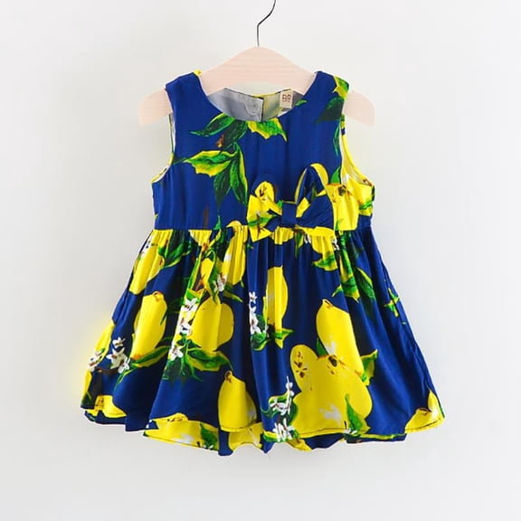 Baby Toddler Girls Summer Sleeveless Cotton Floral Dress, Blue, Navy