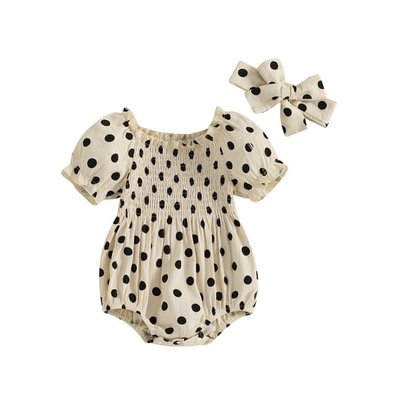 Baby Toddler Girls Summer Sweet Romper 3 6 12 18 Months Short Sleeve Off Shoulder Dot Print Romper with Headband