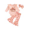 thumbnail image 1 of Baby Toddler Girls Thanksgiving Outfits 0 3 6 12 18 Months Letter Print Long Sleeves Romper and Elastic Pie Print Flared Pants Headband Clothing Set, 1 of 9