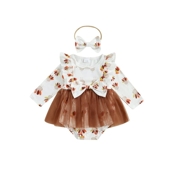 Baby Toddler Girls Thanksgiving Romper Dress 0 3 6 12 18 Months Flying Sleeve Turkey Print Jumpsuit with Headband