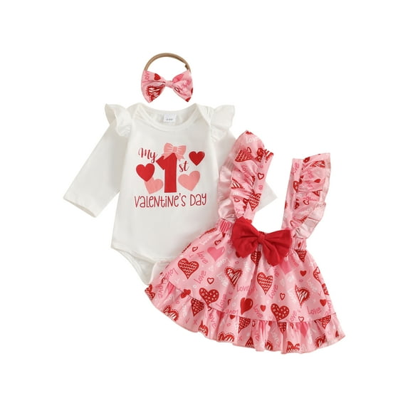 Baby Toddler Girls Valentine's Day Clothing Sets 3 6 9 12 18 Months Long Sleeve Letter Print Romper Heart Print Suspender Skirt Headband Outfits
