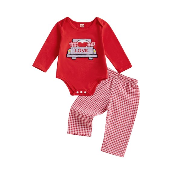 Baby Toddler Girls Valentine’s Day Outfits 3 6 12 18 Months Long Sleeve Truck Embroidery Romper + Plaid Pants Set Infant Clothes