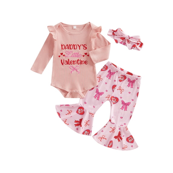 Baby Toddler Girls Valentine's Day Outfits 3 6 12 18 Months Love Heart Crew Neck Long Sleeve Romper with Bell Bottoms and Bow Headband 3 Pcs Clothing Set