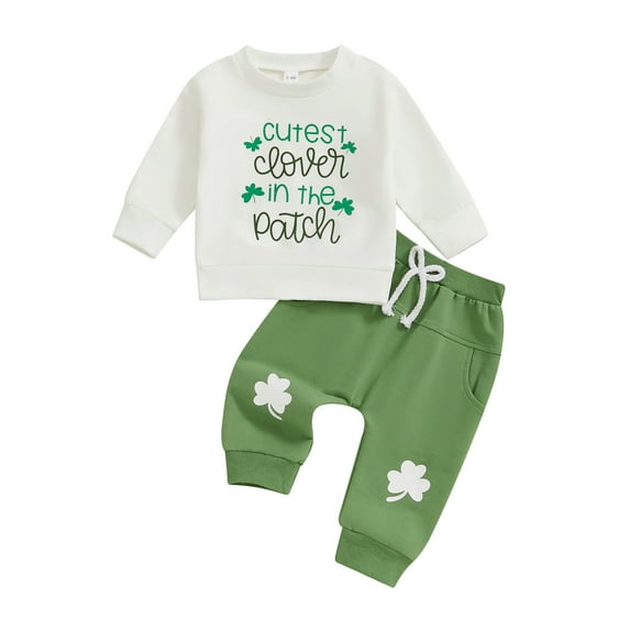 Baby Toddler Irish Day Outfit 0 3 6 12 18 24 Months 2T 3T Letter Clover Print Long Sleeve Sweatshirt and Elastic Pants Set for Newborn Infant Fall Clothes