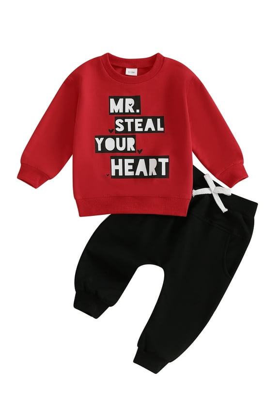 Baby Toddler Kids Boys 2-piece Valentine’s Day Clothing Set, 6 12 18 24 Months 2T 3T 4T Long Sleeve Letters Print Sweatshirt with Sweatpants Outfit