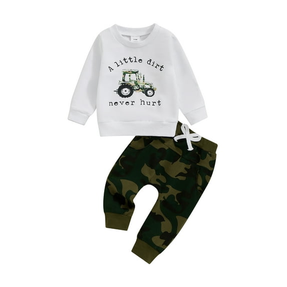 Baby Toddler Kids Boys Autumn 2PCS Outfit Sets 6 12 18 24 Months 2T 3T 4T Long Sleeve Letter Tractor Print Sweatshirt Tops Camouflage Pants Clothing Set