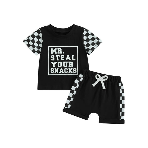 Baby Toddler Kids Boys Summer Shorts Sets 12 18 24 Months 2T 3T 4T 5T Short Sleeve O Neck Letter Checkerboard Print Tops and Shorts Outfits