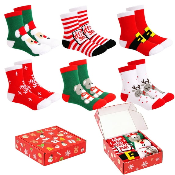Baby Toddler Kids Christmas Socks 6 Pairs Colorful Crew Socks for Boys Girls 0-9 Years (Gift Box)