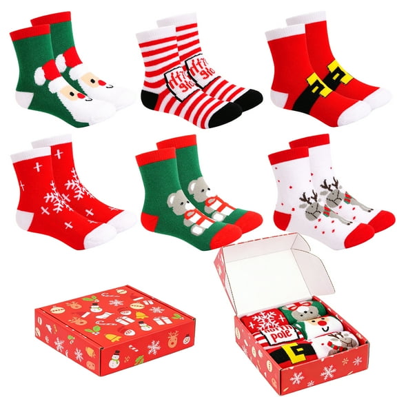 Baby Toddler Kids Christmas Socks 6 Pairs Colorful Crew Socks for Boys Girls 0-9 Years (Gift Box)