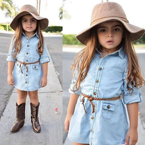 Baby Toddler Kids Girl Denim Dress Long Sleeve Party Princess T-Shirt Dresses Clothes With Belt Blue 4-5 Years
