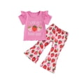 thumbnail image 1 of Baby Toddler Kids Girl Summer Outfits 6 12 18 24 Months 2T 3T 4T Strawberry Print Flying Sleeve T-Shirt and Elastic Flare Pants Cute 2 Piece Clothes Set, 1 of 9