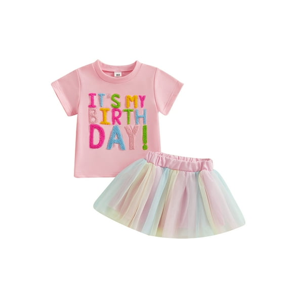 Baby Toddler Kids Little Girl Birthday Outfit 6 12 18 24 Months 2T 3T 4T 5T Short Sleeve Letter Embroidery T-Shirt with Coloful Tulle A-Line Skirt 2 Pcs Clothing Set