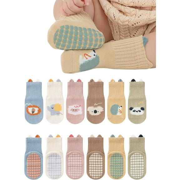 Baby Toddler Non-Skid Crew Socks Girl Boy Non Slip Socks Infant Newborn First Walking Floor Socks 6 Packs