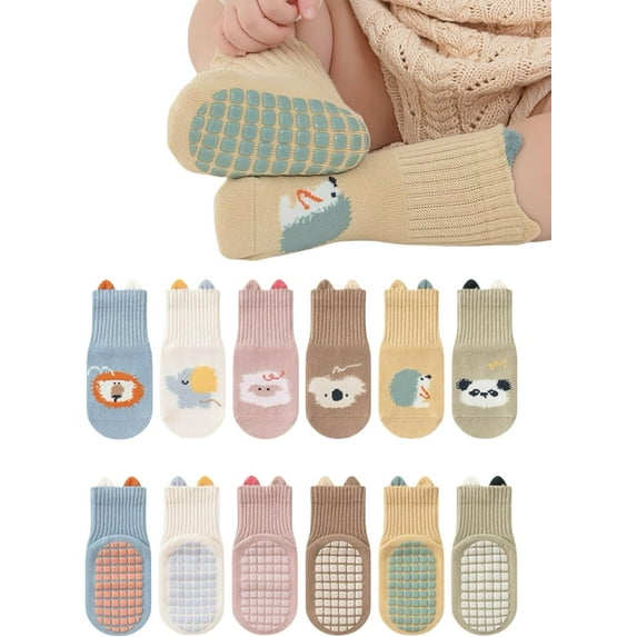 Baby Toddler Non-Skid Crew Socks Girl Boy Non Slip Socks Infant Newborn First Walking Floor Socks 6 Packs