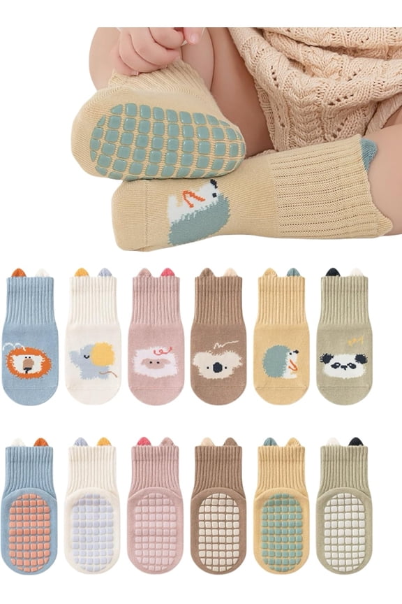 Baby Toddler Non-Skid Crew Socks Girl Boy Non Slip Socks Infant Newborn First Walking Floor Socks 6 Packs
