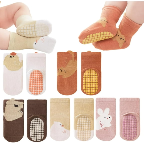 Baby Toddler Non-skid Socks with Grips Anti Skid Slipper Cartoon Socks for Girls Boys Infant Newborn 5 Pairs