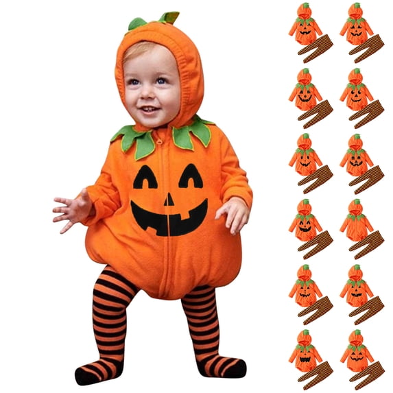 Baby Toddler Pumpkin Kids Long Sleeve Hooded Romper Bodysuit and Long Pants Two Piece Set Unisex Halloween Kids Dress up Party Clothes Size 6-24M