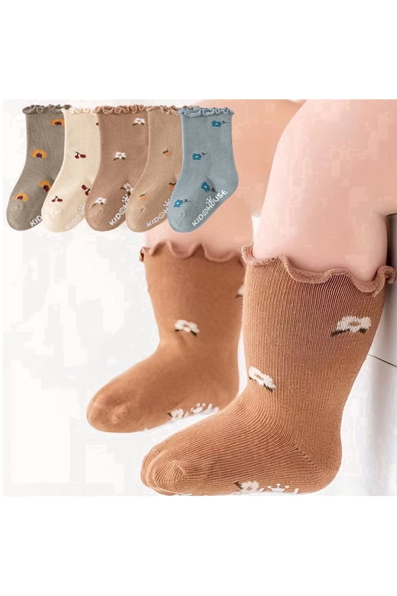 Baby Toddler Socks, Ruffled Edge Non-Slip Infant Girls Cotton Socks Cute Floral Soft Socks-5 Pairs,0-12M
