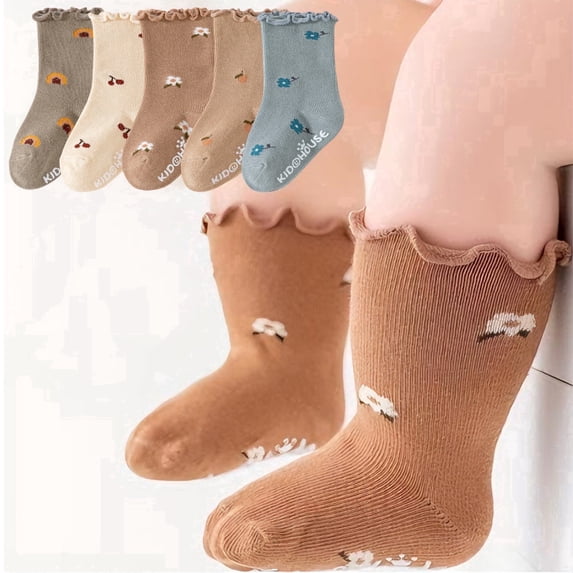 Baby Toddler Socks Ruffled Edge Non Slip Anti Skid Infant Girl Cotton Socks with Little Flower-5 Pairs,3T-5T