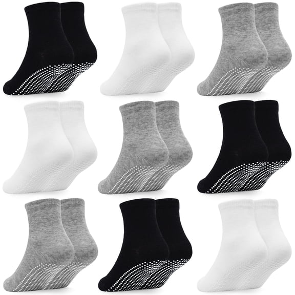Baby Toddler Socks with Grip- 9 Pairs Anti-Skid Infant Socks for Crawling Walking Playing Non Slip Kids Boys Socks(01 Black white grey,1-3T)