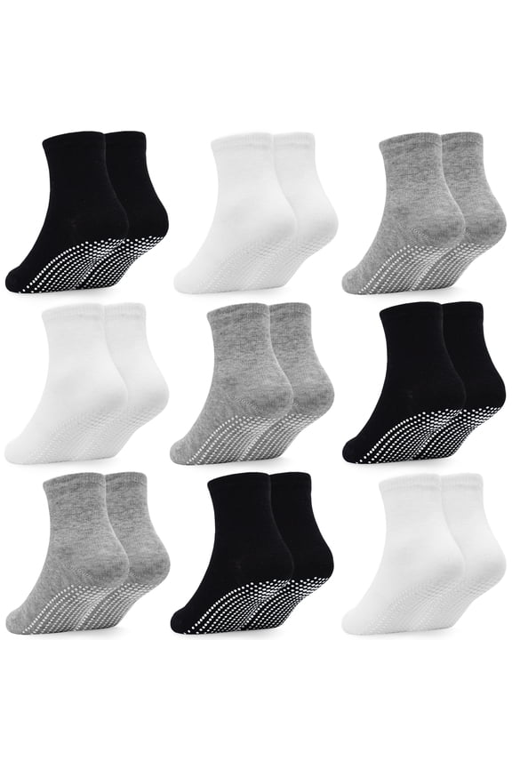 Baby Toddler Socks with Grip- 9 Pairs Anti-Skid Infant Socks for Crawling Walking Playing Non Slip Kids Boys Socks(01 Black+white+grey,1-3T)