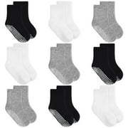 TPHON Baby Toddler Socks with Grip- 9 Pairs Anti-Skid Infant Socks for Crawling Walking Playing Non Slip Kids Boys Socks(01 Black+white+grey,1-3T)