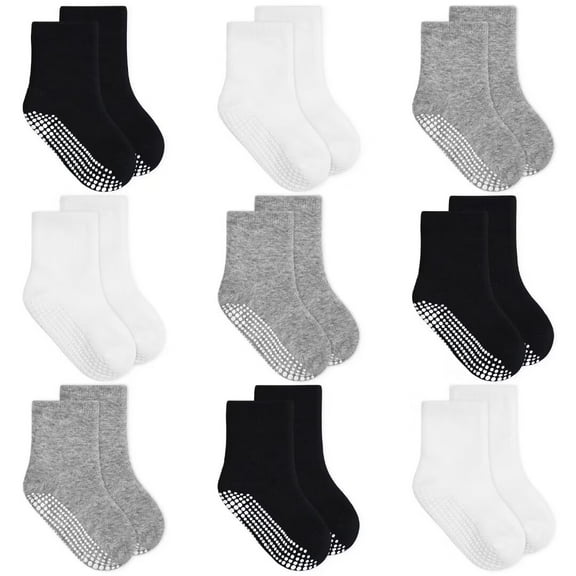 Baby Toddler Socks with Grip- 9 Pairs Anti-Skid Infant Socks for Crawling Walking Playing Non Slip Kids Boys Socks(01 Black+white+grey,1-3T)