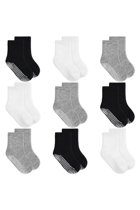 Baby Toddler Socks with Grip- 9 Pairs Anti-Skid Infant Socks for Crawling Walking Playing Non Slip Kids Boys Socks(01 Black+white+grey,1-3T)