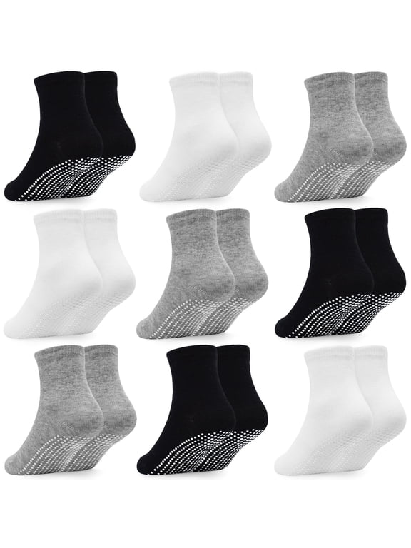 Baby Toddler Socks with Grip- 9 Pairs Anti-Skid Infant Socks for Crawling Walking Playing Non Slip Kids Boys Socks(01 Black+white+grey,1-3T)