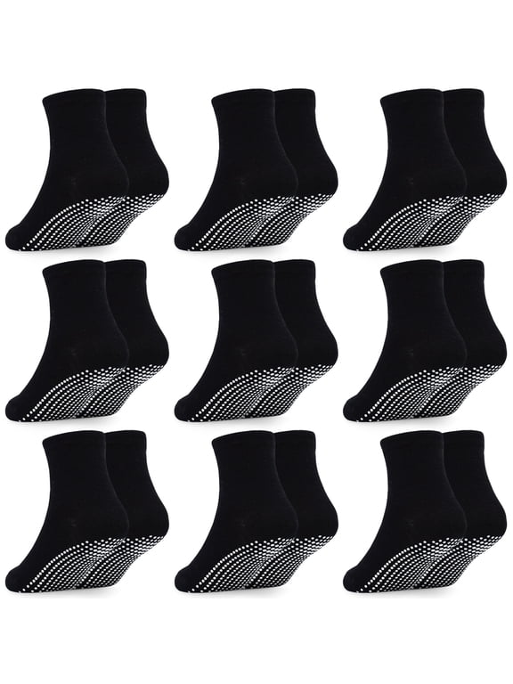 Baby Toddler Socks with Grip- 9 Pairs Anti-Skid Infant Socks for Crawling Walking Playing Non Slip Kids Boys Socks(02 Black,6-12 Months)