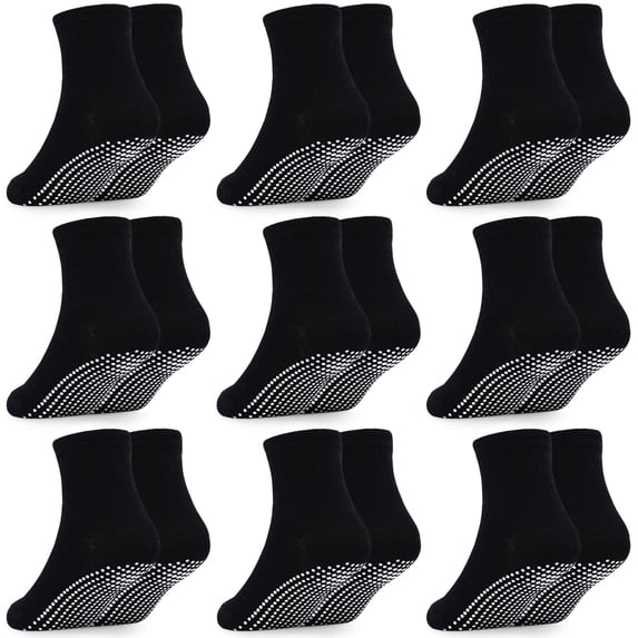 Baby Toddler Socks with Grip- 9 Pairs Anti-Skid Infant Socks for Crawling Walking Playing Non Slip Kids Boys Socks(02 Black,6-12 Months)