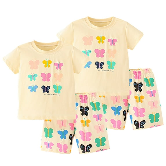 Baby Toddler Summer Short Sleeve Suit Short Sleeve Toddler Girl Clothes Little Girls Clothes Butterfly Round Neck T-Shirt Yellow Suit Kids Child 1Y-9Y