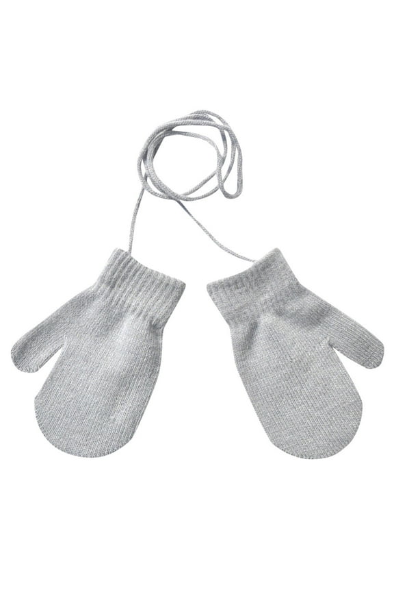 Baby Toddler Winter Gloves with Security Leash, Ages 1-4 Years Knit Warm Mittens, Preschool Daycare Neck String Gloves, Soft Cotton Blend Cold Weather Kids Gloves Grey