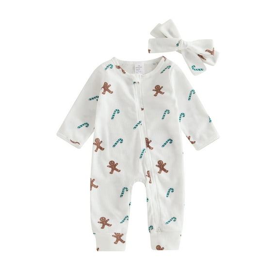 Baby Toddler Zip Up Christmas Jumpsuit 0 3 6 12 Months Gingerbread Man Print Round Neck Long Sleeve Romper Headband Outfits