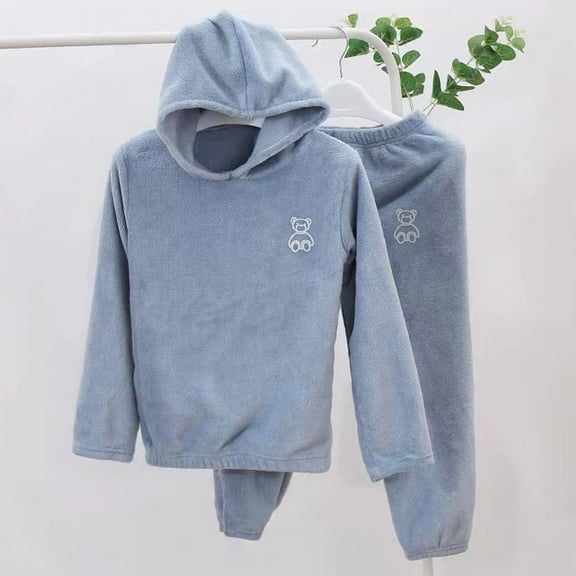 Baby Toddlers Fleece Sweatshirt Set Hooded Winter Warm Tracksuit Outfit Tops And Pants Sets Infant Pullover Soft Cute Solid Two Piece Clothes Girls Boys Blue 3-4 Years