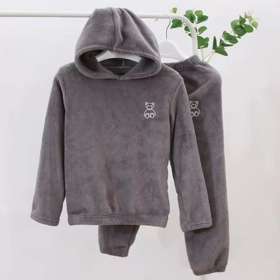 Baby Toddlers Fleece Sweatshirt Set Hooded Winter Warm Tracksuit Outfit Tops And Pants Sets Infant Pullover Soft Cute Solid Two Piece Clothes Girls Boys Gray 5-6 Years