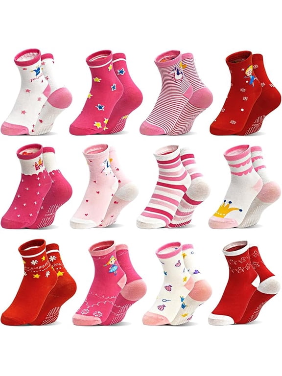 Baby Toddlers Girls Socks, 12 Pairs Non Slip Kids Grips Toddler Grippy Girl House Socks with Grippers for 0-7 Years