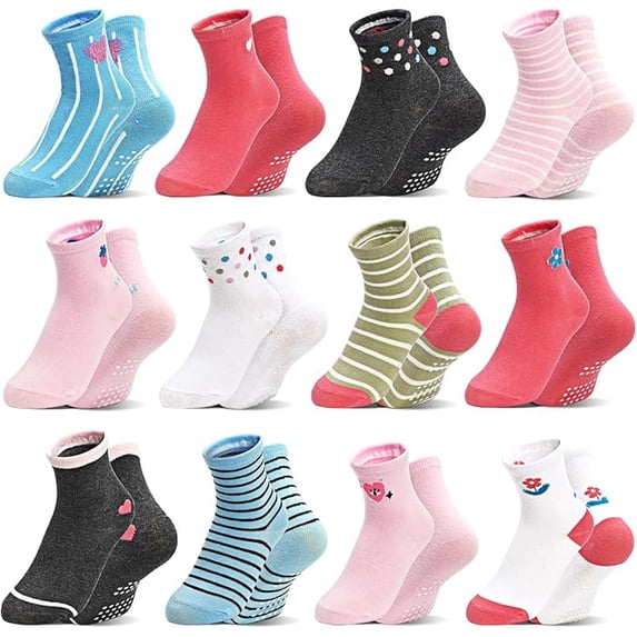 Baby Toddlers Girls Socks, 12 Pairs Non Slip Kids Grips Toddler Grippy Girl House Socks with Grippers for 0-7 Years