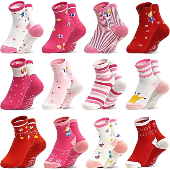 Baby Toddlers Girls Socks, 12 Pairs Non Slip Kids Grips Toddler Grippy Girl House Socks with Grippers for 0-7 Years