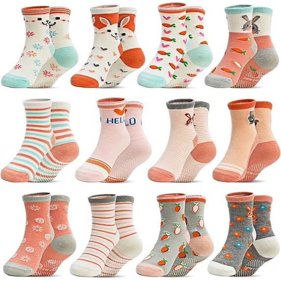 Baby Toddlers Girls Socks, 12 Pairs Non Slip Kids Grips Toddler Grippy Girl House Socks with Grippers for 0-7 Years