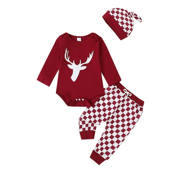 Baby Todlder Boy Girl Christmas Outfit, 0 3 6 12 18 Months Reindeer Print Long Sleeve Romper Checkerboard Elastic Waist Pants Hat 3 Piece Clothing Set