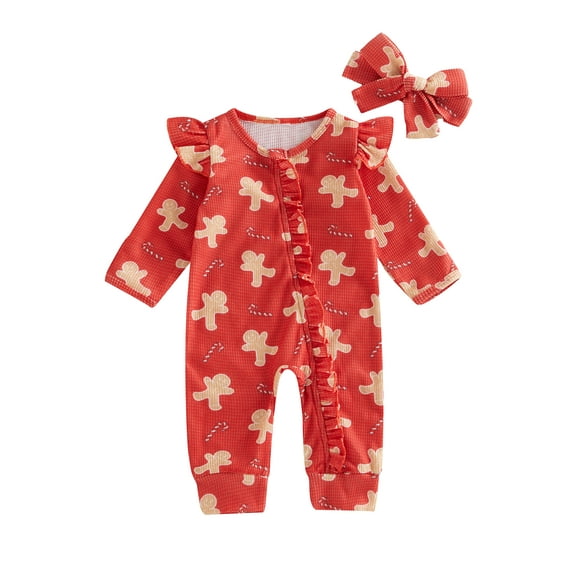 Baby Todlder Girls Christmas Jumpsuit 0 3 6 12 Motnhs Long Sleeve O Neck Gingerbread Print Ruffle Trim Romper with Headband