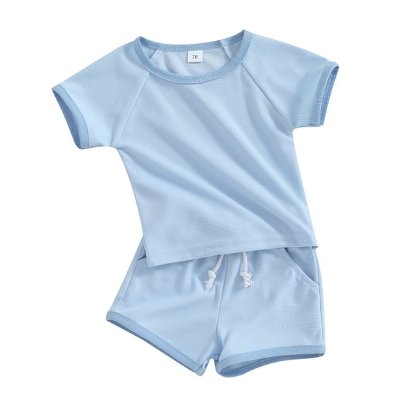 Baby Tollder Girl Summer Set, 6 12 18 24M 3T Round Neck Short Sleeve Contrast Trim Tops + Elastic Waist Shorts with Pocket 2 Piece Outfits