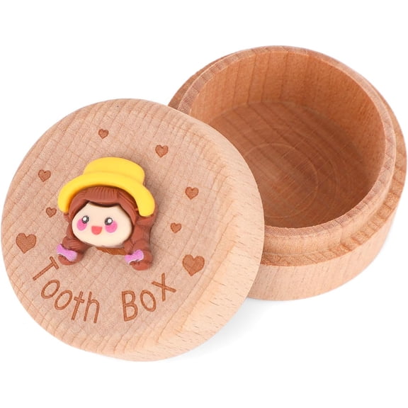 Baby Tooth Fairy Box, 3D Carved Wooden Keepsake Storage Box for Lost Teeth for Boys & Girls Kids Dental Care Souvenir Birthday Baby Shower (Straw Hat Girl)