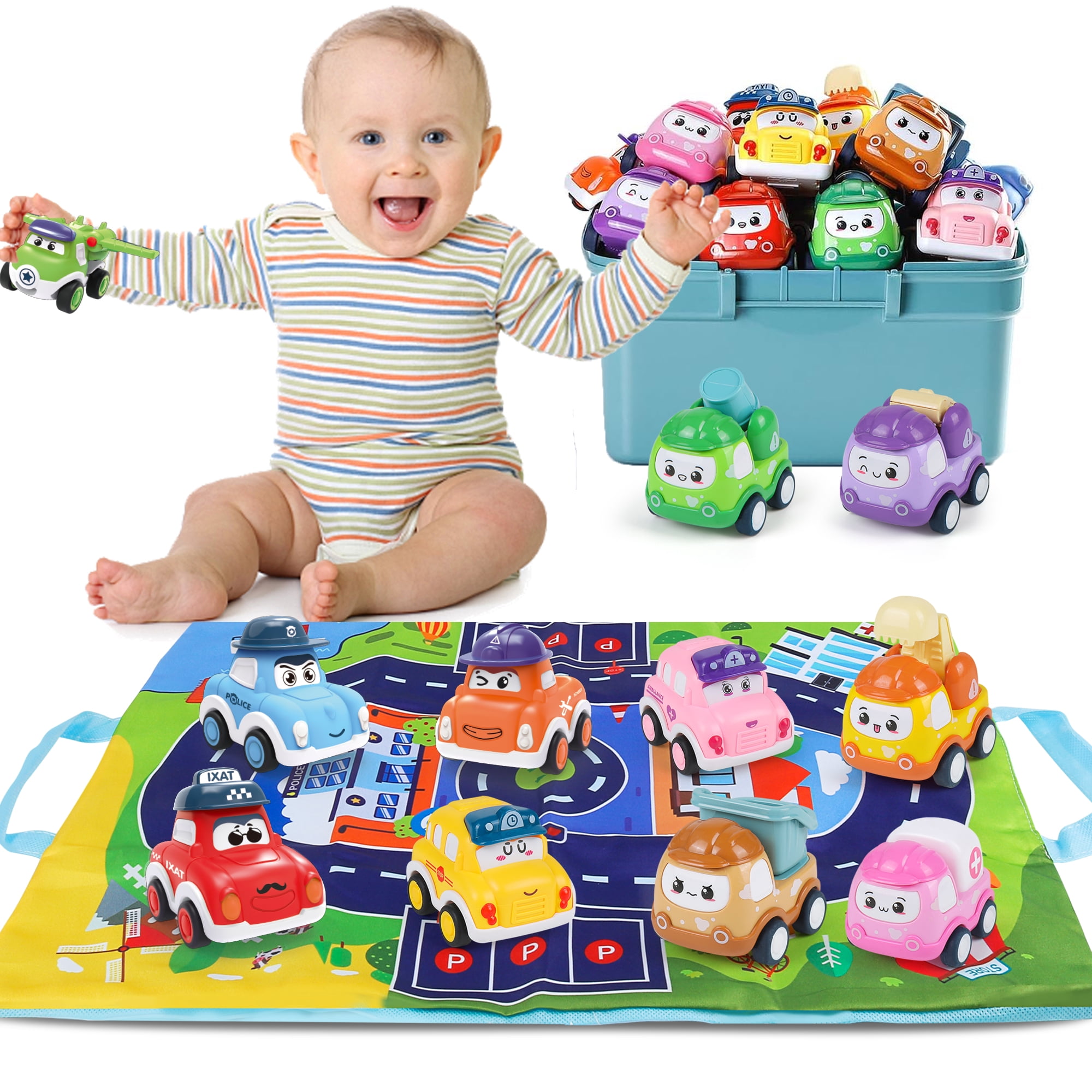 Mini Car Toys for 1 Year Old Boy Gifts, 12 Pcs Pull Back Cars Set Toys with Playmat for Toddlers Age 1-3, Baby Construction Vehicle Racing Car Set, 1st Birthday Gifts for Kids Age 1 2 3