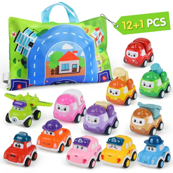 Mini Car Toys for 1 Year Old Boy Gifts, 12 Pcs Pull Back Cars Set Toys with Playmat for Toddlers Age 1-3, Baby Construction Vehicle Racing Car Set, 1st Birthday Gifts for Kids Age 1 2 3